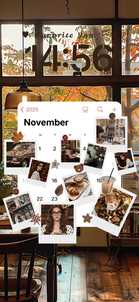 Modèle de fond d'écran scrapbook d'automne avec cadres photo polaroïd, calendrier de novembre et feuilles d'automne.