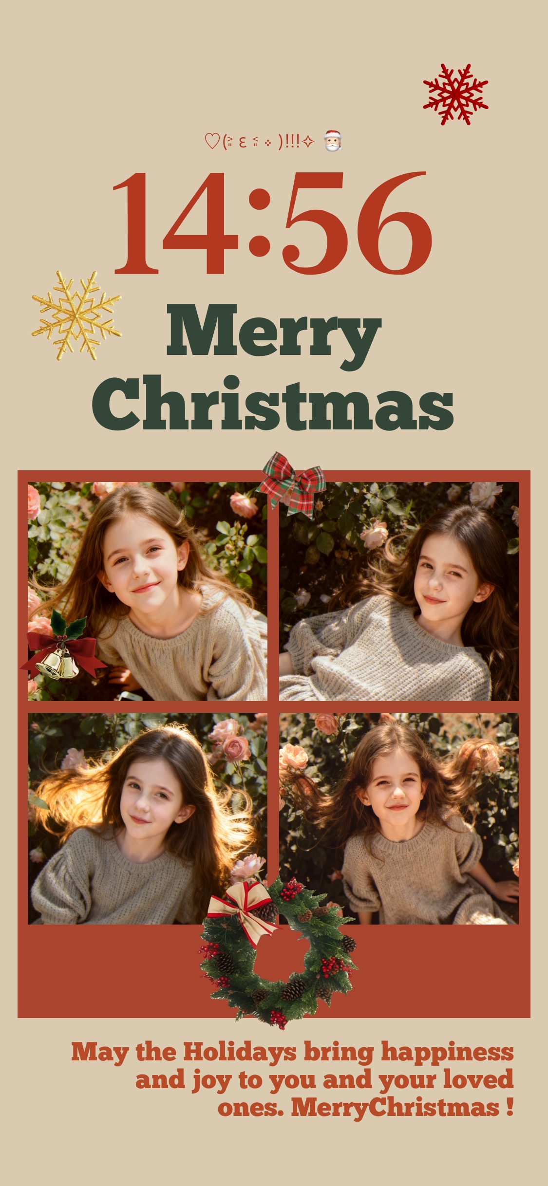 A Christmas-themed DIY wallpaper template featuring a 4-photo grid, festive wreath, snowflakes, and 'Merry Christmas' text on a beige background.