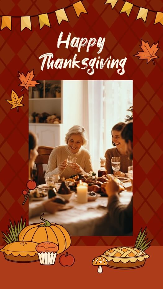 Thanksgiving photo collage with a family dinner frame, autumn leaves, pumpkins, and Happy Thanksgiving text.