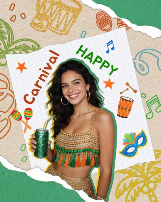 Montage photo sur le thème du carnaval avec une femme en tenue de fête, des bords en papier déchiré, des maracas, des tambours et des notes de musique.