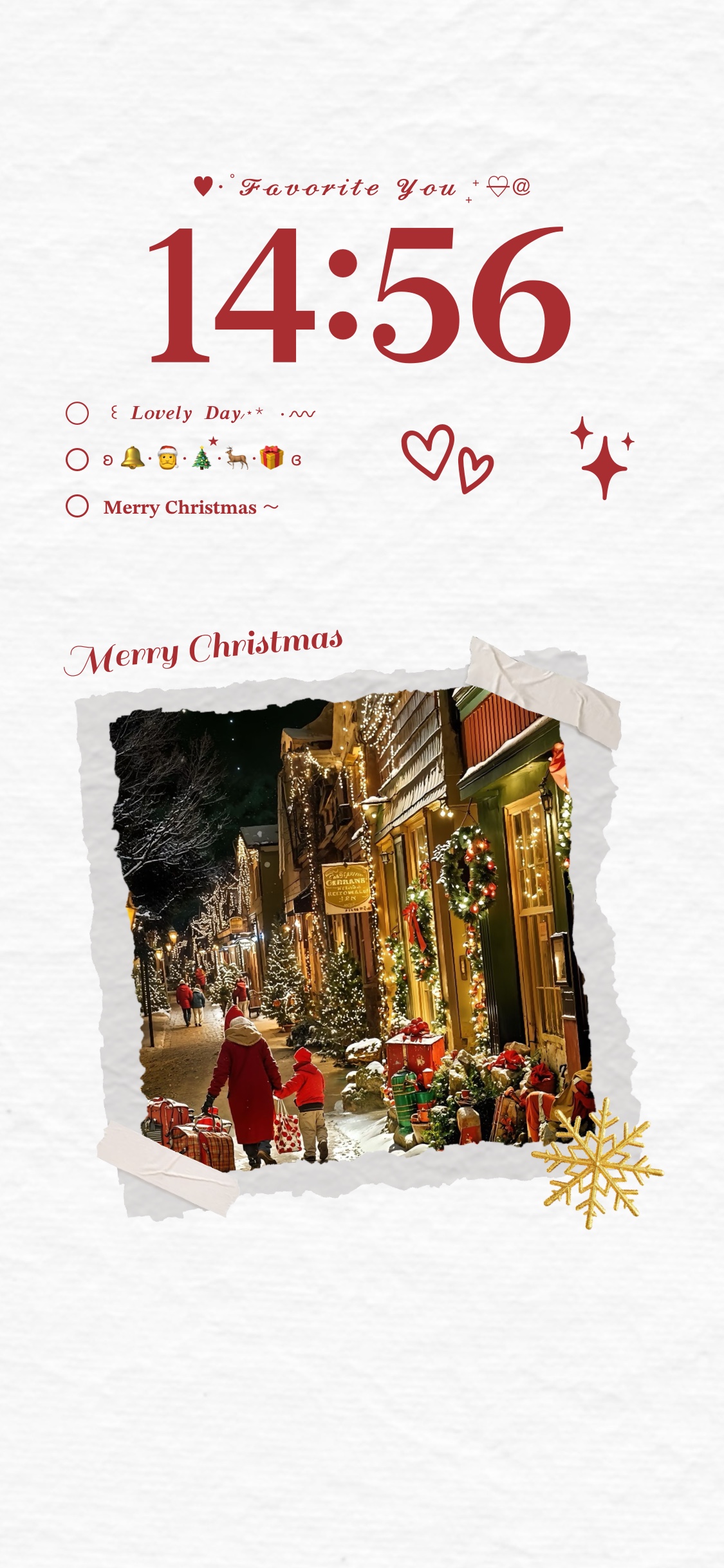 Aesthetic Christmas scrapbook DIY wallpaper template with a photo of a snowy street, gold snowflake, and hearts.