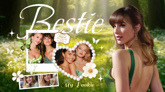 Eine Freundschafts-Fotocollage mit Waldhintergrund, dem Schriftzug 'Bestie', einem Perlenherz-Rahmen, Polaroid-Fotos und Schmetterlings-Deko.