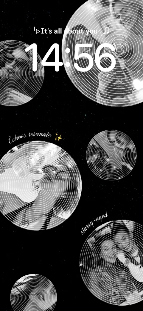 Black and white aesthetic live wallpaper template featuring circular photo portraits with ripple effects on dark background.