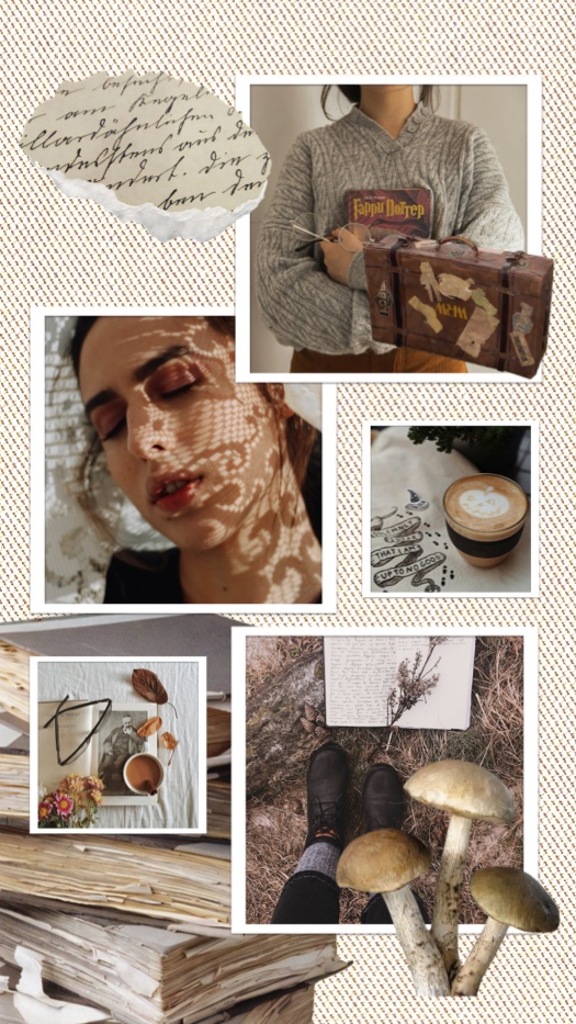 A dark academia style collage template with a beige fabric texture background, five photo frames in a freestyle layout, featuring ripped paper, mushrooms, and vintage book aesthetic elements.