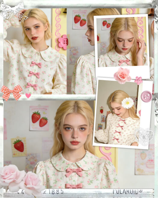 Plantilla de collage estilo scrapbook con estética coquette, lazos rosas, fresas, corazones de encaje y marcos de fotos tipo polaroid.