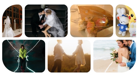 Modèle de pèle-mêle 7 photos aux coins arrondis sur le thème du mariage, incluant des mariés, des fleurs et la plage.