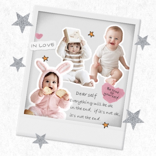 Aesthetic baby scrapbook collage with polaroid frame, glitter stars, heart stickers, and motivational quotes.