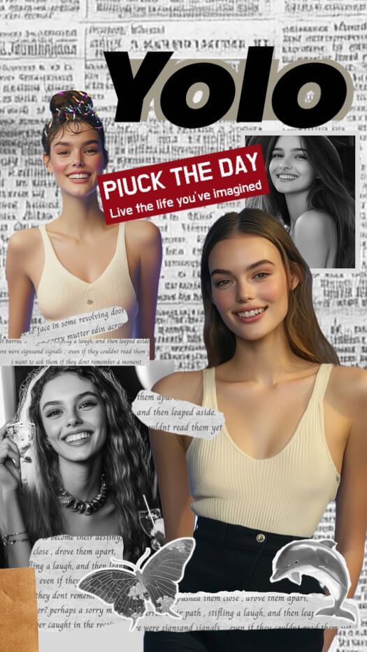 A vintage newspaper-themed photo collage featuring four photos of a woman, a large bold 'Yolo' title, a red banner saying 'Pluck the Day', and stickers of a butterfly and dolphin on a newsprint background.