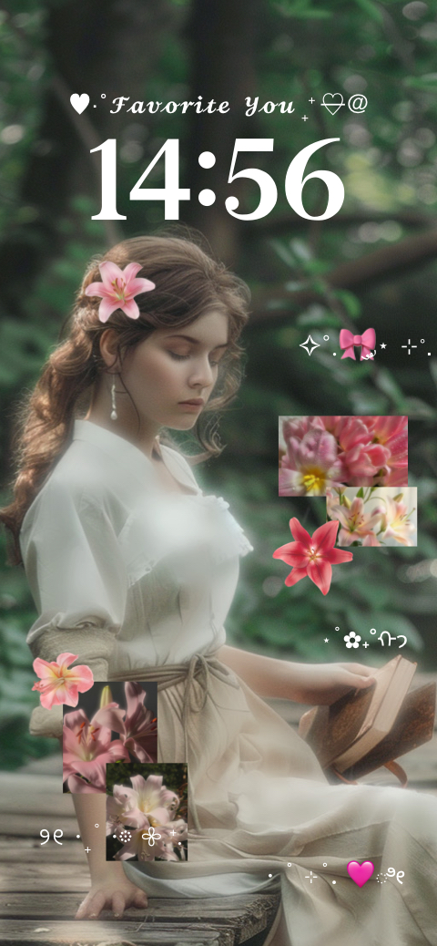 A vintage-style girl sitting in a garden with lilies, a customizable static wallpaper template with sticker slots.