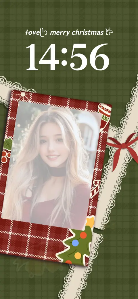 A forest green plaid Christmas wallpaper template featuring a customizable red checkered photo frame, cream lace ribbons, and festive stickers.