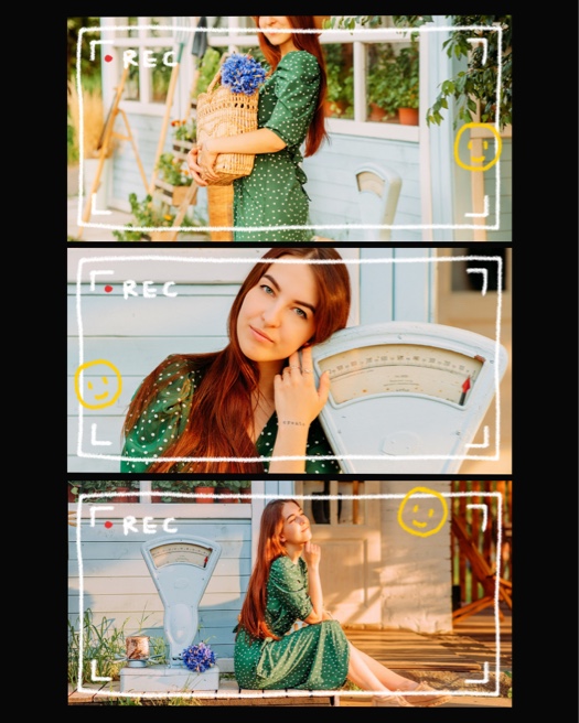 A vertical 3-photo collage template styled like a video camera viewfinder. It features white hand-drawn borders, a 'REC' indicator with a red dot, and yellow smiley face doodles over photos of a woman in a green dress.