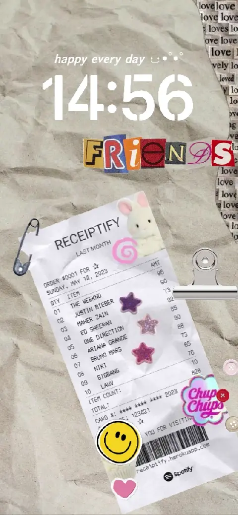 Receiptify style aesthetic collage live wallpaper with music receipt and cute stickers on crumpled paper background.