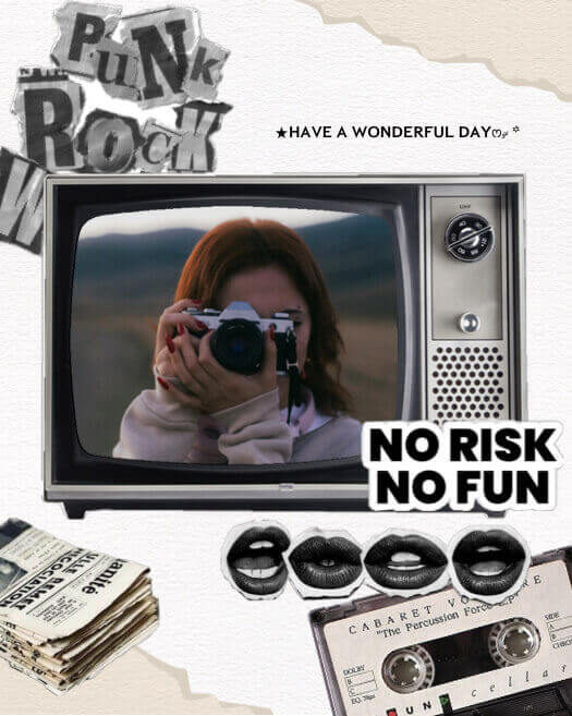 Eine Collage im Punk-Rock-Stil mit einem Vintage-Fernseher, zerrissenem Papiertext, einer Kassette und Zeitungsstapeln.