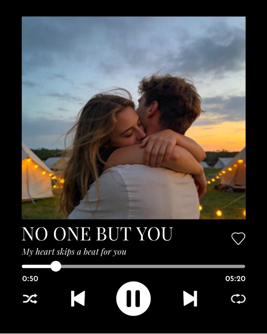 Single photo collage template featuring a couple hugging, styled as a minimalist black music player interface with text.