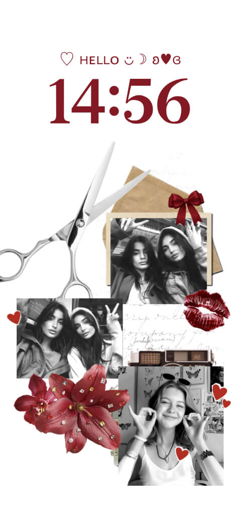 Aesthetic red and white DIY phone wallpaper template featuring a vintage scrapbook collage with photos, flowers, and hearts.