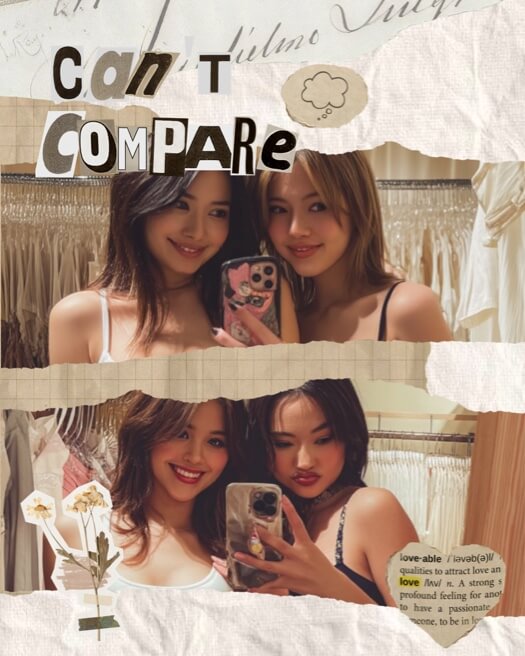 Collage de deux photos avec un effet papier déchiré. Contient des selfies, des lettres découpées formant "CAN'T COMPARE", des fleurs séchées et un cœur avec du texte.