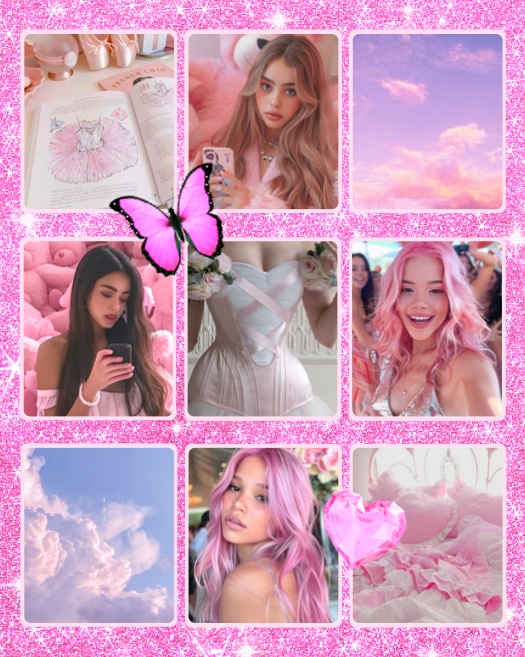 3x3 pink glitter photo collage template with butterfly and heart stickers in a soft girl aesthetic style.