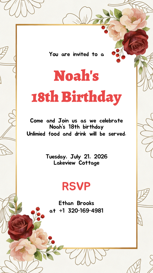 Elegant 18th birthday invitation template with watercolor burgundy roses, gold border, and peach floral accents.