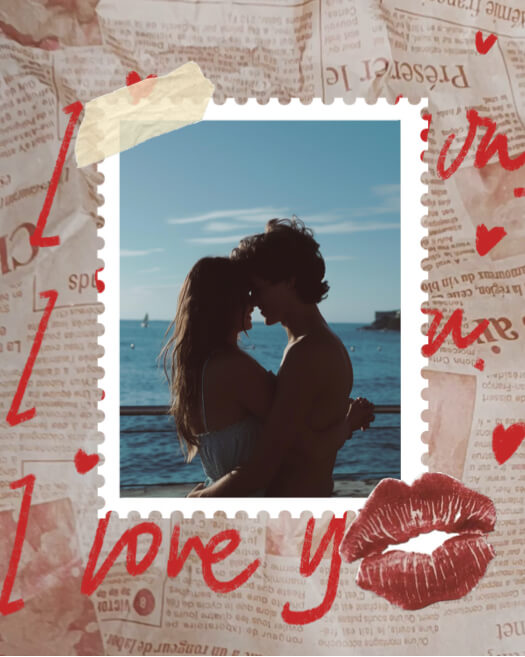 Ein Foto eines Paares in einem Briefmarkenrahmen auf Vintage-Zeitungshintergrund mit roten Herzen und Kussmund.