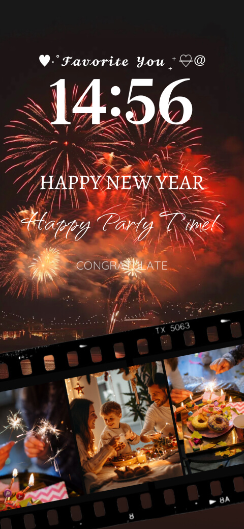 New Year fireworks mobile wallpaper template with a cinematic film strip photo collage and custom clock display.