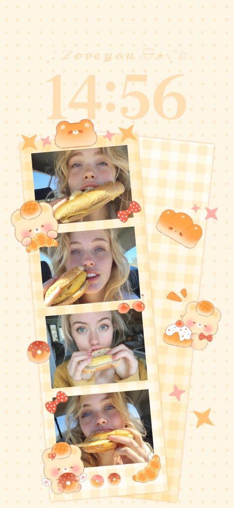 A vertical DIY wallpaper template featuring four photo frame inserts, cute illustrated bears, croissants, and stars on a beige checkered background.