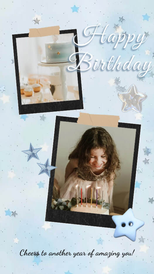 Two black Polaroid frames on a blue starry background with Happy Birthday text and 3D star stickers for a photo collage.