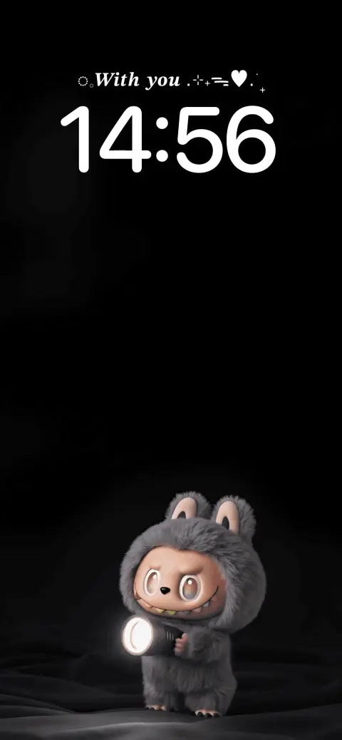 Ein flauschiges 3D-Monster mit einer leuchtenden Taschenlampe auf schwarzem Hintergrund, bearbeitbare Vorlage für Live Wallpaper.