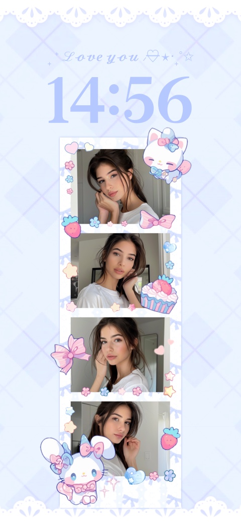 A light blue pastel DIY wallpaper template featuring a vertical photobooth strip with four photo frames, decorated with cute cartoon characters, bows, and hearts.