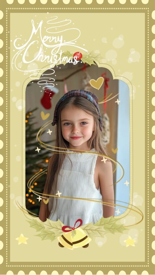 A single-photo Christmas collage template with a gold stamp-style border, festive bells, and white 'Merry Christmas' script text.