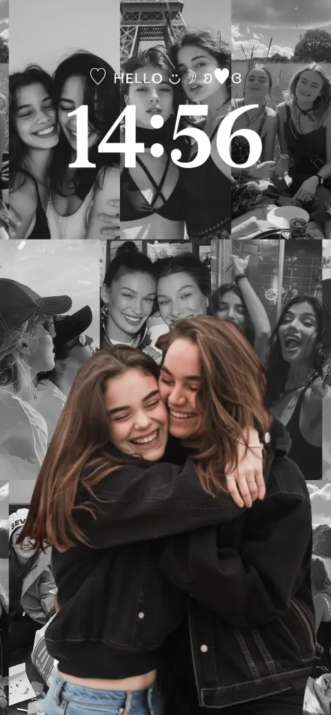 Black and white aesthetic photo collage live wallpaper template featuring best friends laughing and traveling.