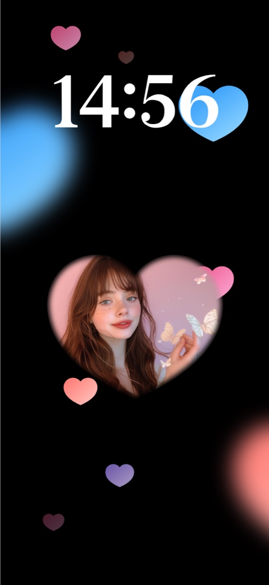 Eine anpassbare statische Wallpaper-Vorlage mit schwarzem Hintergrund, schwebenden pastellrosa und blauen Herzen und einem herzförmigen Bilderrahmen.