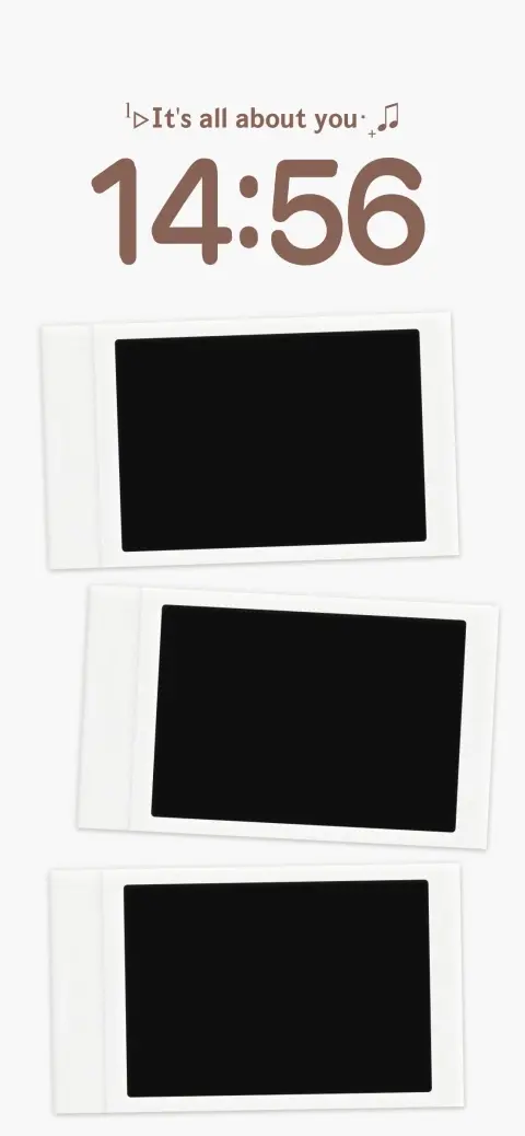 Minimalist aesthetic DIY live wallpaper template featuring three polaroid photo frames and music-themed text on a light background.