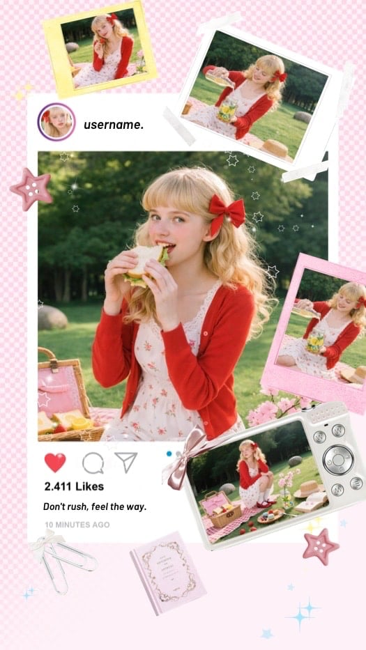 Fotocollage im Coquette-Stil mit einem Picknick-Thema, Polaroid-Rahmen, einem rosa Schleifen-Sticker, Sternknöpfen und einer Kamera-Display-Ansicht.