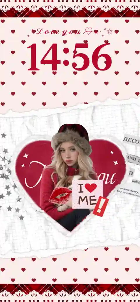 Personalisierbare Live Wallpaper Vorlage im Scrapbook-Stil mit roten Herzen und Fotorahmen für eigene Bilder.