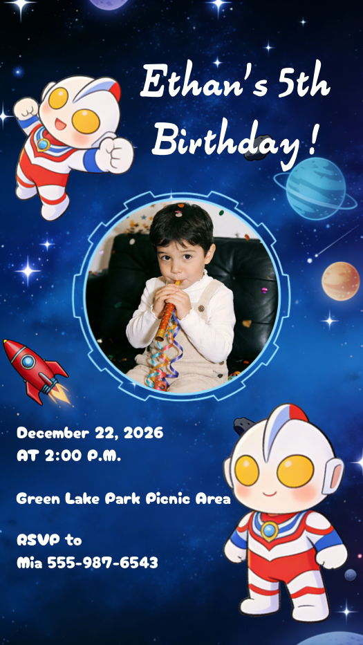 A vertical birthday invitation template with a space theme. Features two chibi-style superheroes in red and white suits, a red rocket, and planets on a blue galaxy background with a central circular photo frame containing a young boy.