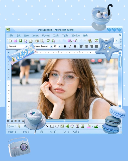 A photo collage template styled as a Windows Microsoft Word window on a blue polka dot background. Decorative blue stickers include a radio, macarons, and a cat dessert.