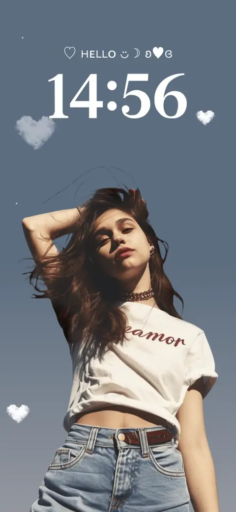 A customizable live wallpaper template featuring a young woman against a blue sky with heart-shaped clouds and editable text widgets.