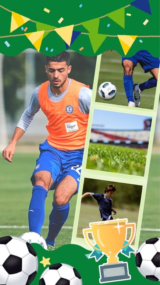 Fotocollage-Vorlage zum Thema Fußball mit vier Fotoplätzen, dekoriert mit Fußbällen, einem Pokal und Wimpelketten auf grünem Hintergrund.