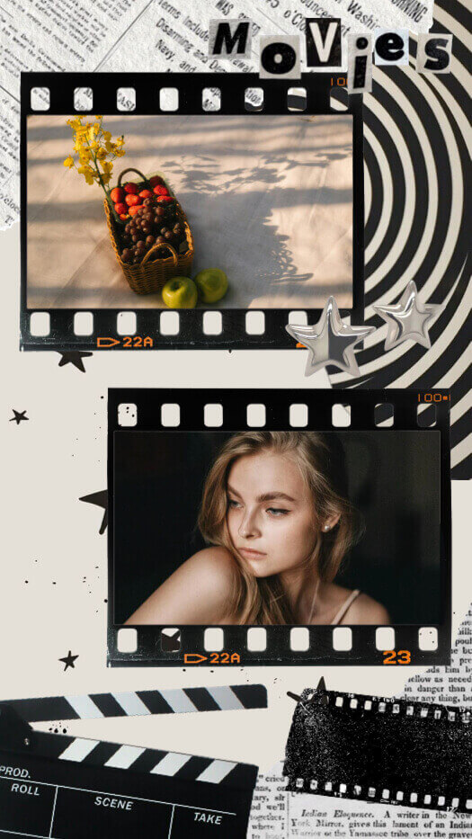 A retro movie-themed photo collage featuring two horizontal film strip frames, a clapperboard, newspaper clippings, a black and white spiral pattern, and the word 'Movies' in cutout letters.