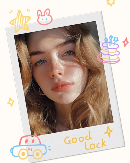 Polaroid photo frame with hand-drawn colorful doodles of a cake, car, bunny ears, and the text "Good Luck".