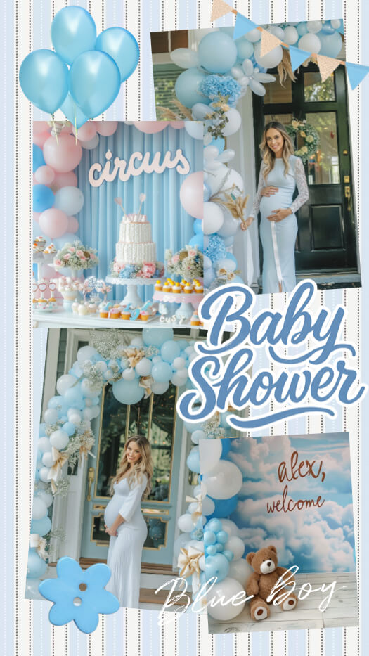 Blaue Babyparty-Fotocollage für Jungen mit schrägen Fotos einer schwangeren Frau, Dekorationen, blauen Ballons und 'Baby Shower'-Schriftzug.