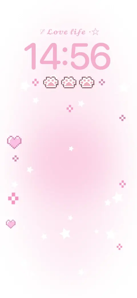 Modèle de fond d'écran animé dégradé rose avec des pattes de chat en pixel art, des cœurs et des étoiles, espace pour photo personnalisée.