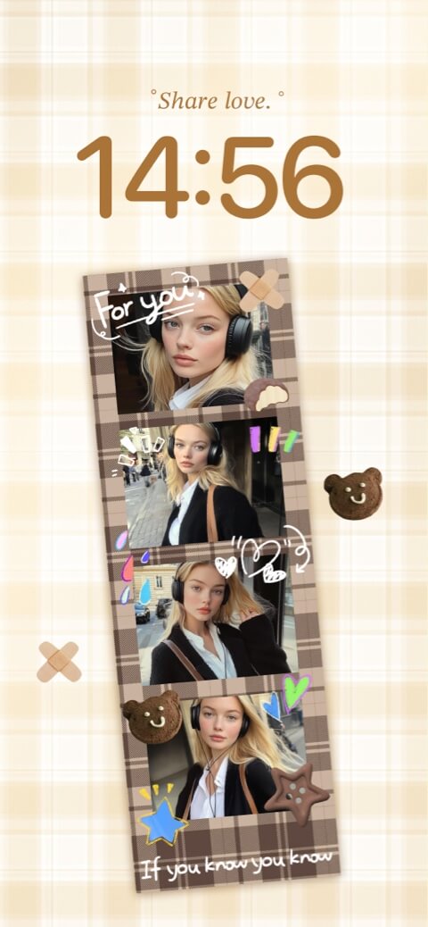 Anpassbare statische Wallpaper-Vorlage mit beige-kariertem Hintergrund und einem vertikalen Fotostreifen-Rahmen.