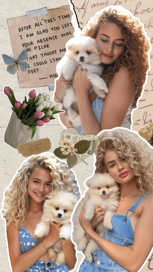 Collage de tres fotos de estilo scrapbook que muestra a una mujer con un cachorro Pomerania blanco, decorado con papel rasgado, mariposas y tulipanes.