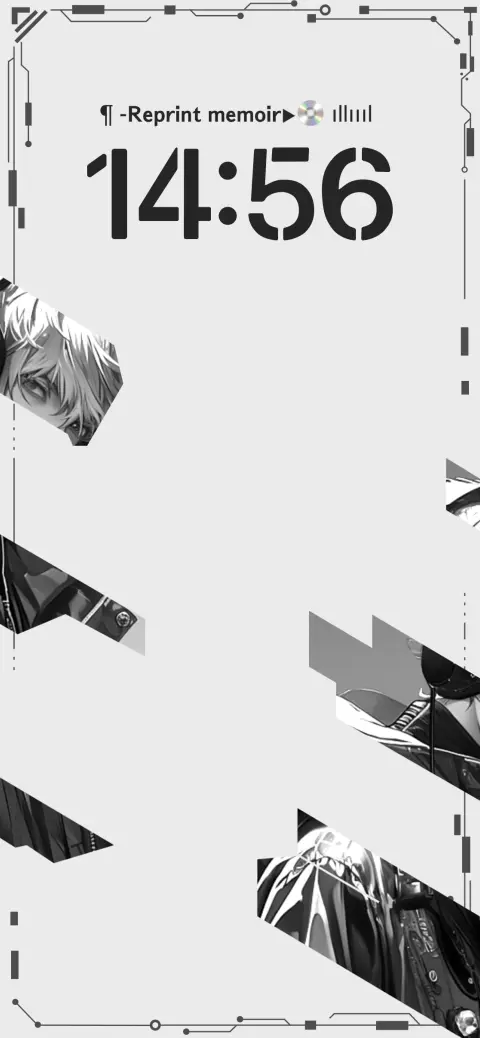 Monochrome anime character fragmented tech style live wallpaper template with futuristic digital clock interface.