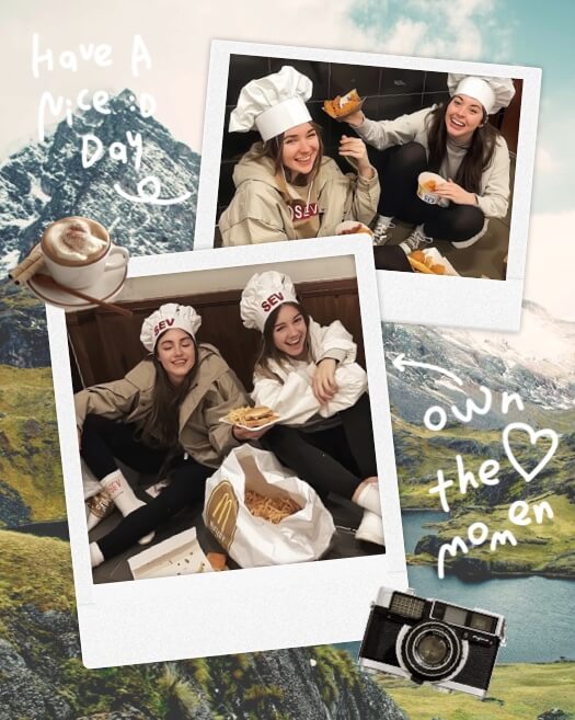 Modèle de montage photo style scrapbooking avec un arrière-plan de montagne, des cadres polaroid, un appareil photo rétro et du texte manuscrit.