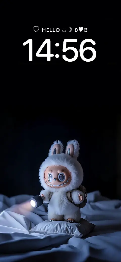 3D fluffy bunny monster character holding a flashlight on a pillow, cute designer toy live wallpaper template.