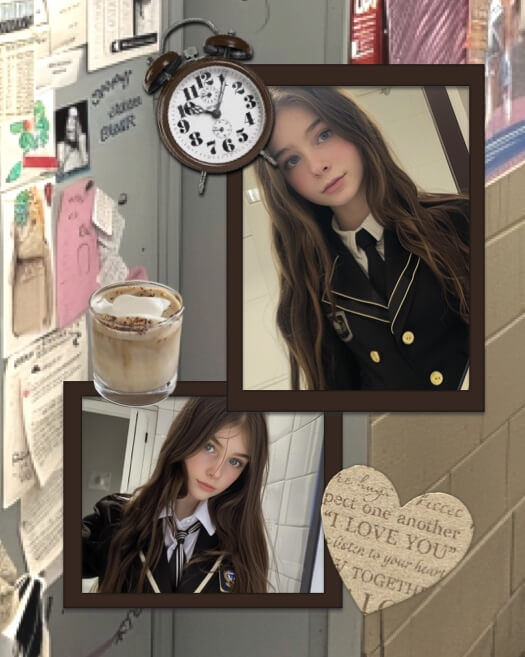 A scrapbook-style photo collage featuring two photos of a girl in a school uniform, decorated with a vintage alarm clock, a cup of latte, and heart-shaped notes on a bulletin board background.
