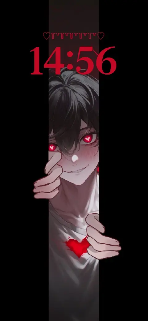 A dark anime boy with glowing red heart-eyes peeking from behind a vertical black frame, a customizable live wallpaper template with red clock and heart icons.
