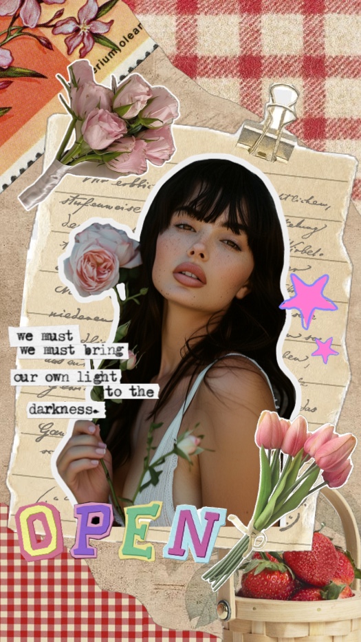 Vintage scrapbook collage featuring a woman portrait, pink roses, red gingham patterns, and ripped paper textures.